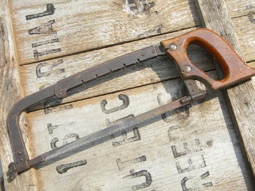 photo of lot vintage bow type hack saws w/old wood handles, metal cutting tools #2