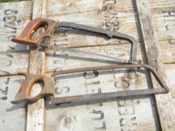 catalog photo of lot vintage bow type hack saws w/old wood handles, metal cutting tools