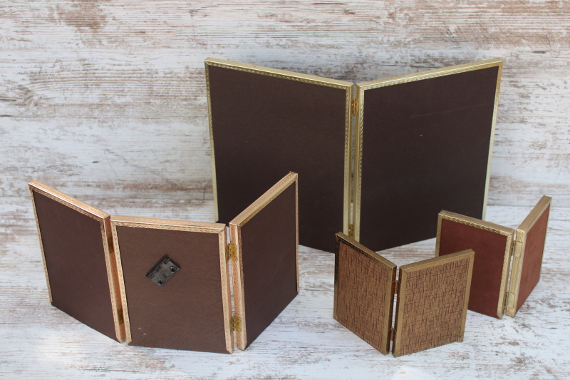 photo of lot vintage brass gold metal picture frames, tri fold triple & double frames for desk photos #4
