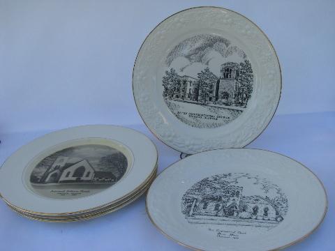 photo of lot vintage china plates, church illustrations, rural Illinois, Chicago, Rockford churches #1