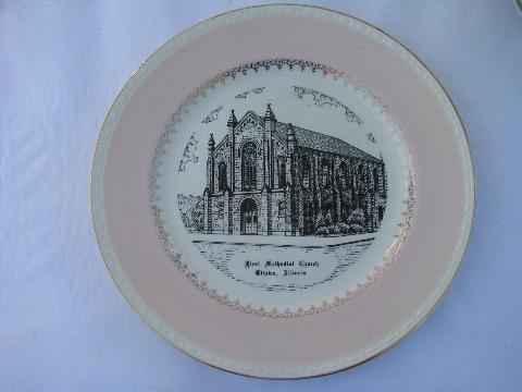 photo of lot vintage china plates, church illustrations, rural Illinois, Chicago, Rockford churches #2