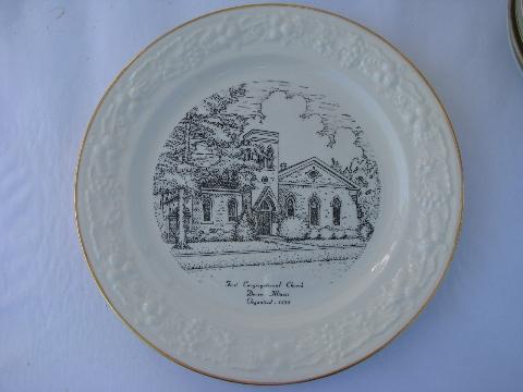 photo of lot vintage china plates, church illustrations, rural Illinois, Chicago, Rockford churches #4