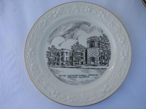 photo of lot vintage china plates, church illustrations, rural Illinois, Chicago, Rockford churches #6