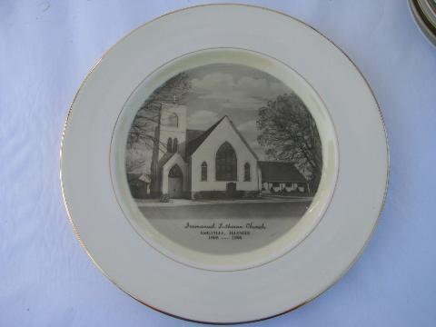 photo of lot vintage china plates, church illustrations, rural Illinois, Chicago, Rockford churches #8