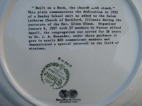 photo of lot vintage china plates, church illustrations, rural Illinois, Chicago, Rockford churches #11