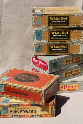 photo of lot vintage cigar boxes w/ old paper advertising labels, White Owl etc. #1