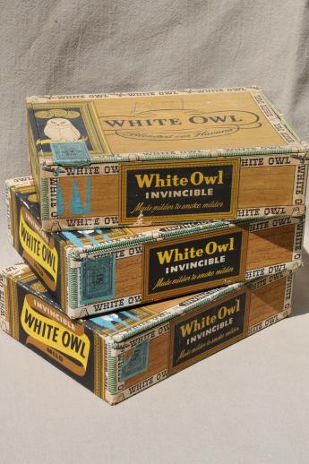 photo of lot vintage cigar boxes w/ old paper advertising labels, White Owl etc. #4