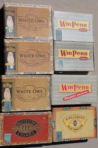 photo of lot vintage cigar boxes w/ old paper advertising labels, White Owl etc. #6