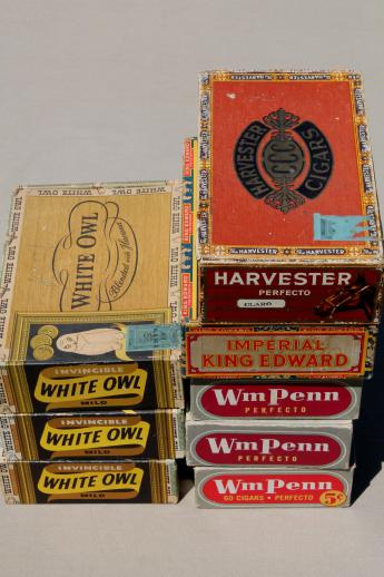 photo of lot vintage cigar boxes w/ old paper advertising labels, White Owl etc. #8