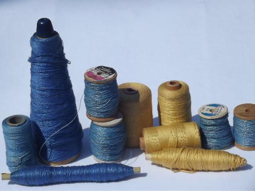 photo of lot vintage cotton and linen thread for weaving towels or embroidery, Swedish blue and yellow #1