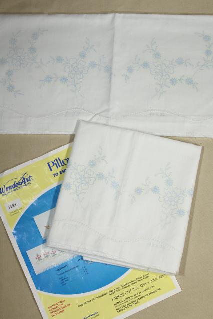 photo of lot vintage cotton & blend pillowcases for embroidery, stamped to embroider #16