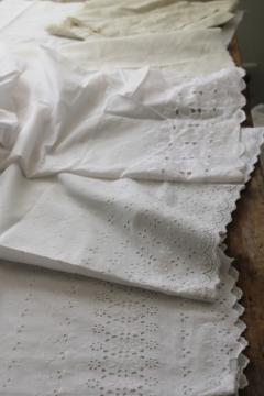 catalog photo of lot vintage cotton eyelet lace fabric most w/ border edging, different patterns white & ivory