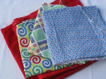 catalog photo of lot vintage cotton fabric feedsacks, red solid color, bright prints