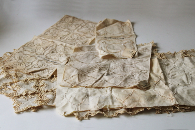 photo of lot vintage cotton fabric motifs for crochet lace fancywork, new old stock Woolworths price tags 1930s #1