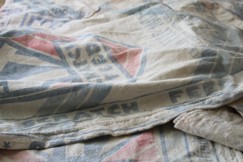 photo of lot vintage cotton feed sacks, chicken mash grain bags w/ faded blue & red print advertising #2