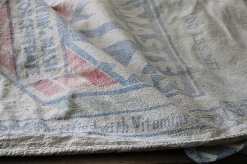 photo of lot vintage cotton feed sacks, chicken mash grain bags w/ faded blue & red print advertising #3