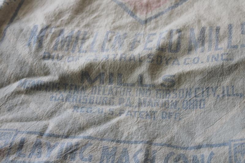 photo of lot vintage cotton feed sacks, chicken mash grain bags w/ faded blue & red print advertising #4