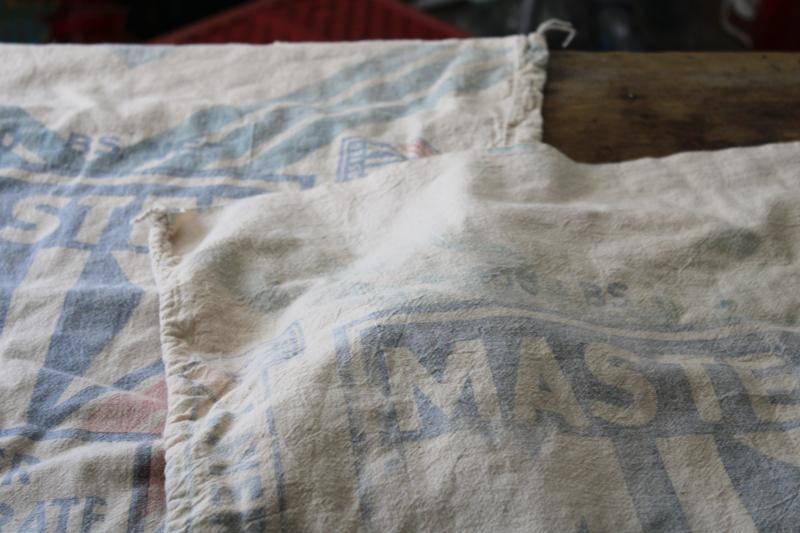 photo of lot vintage cotton feed sacks, chicken mash grain bags w/ faded blue & red print advertising #6