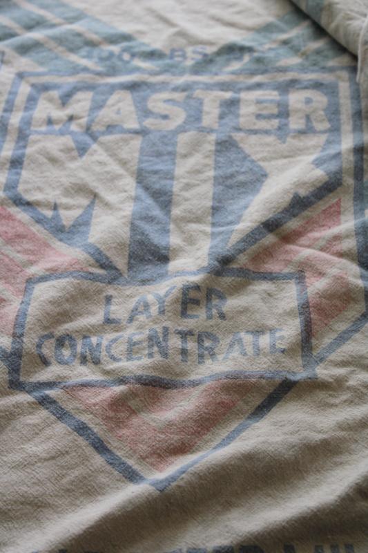 photo of lot vintage cotton feed sacks, chicken mash grain bags w/ faded blue & red print advertising #9