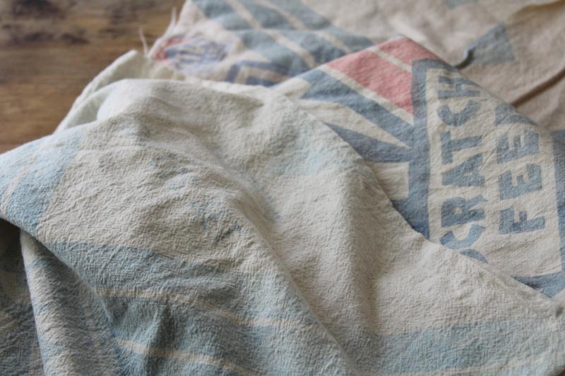 photo of lot vintage cotton feed sacks, chicken mash grain bags w/ faded blue & red print advertising #17