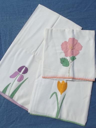 photo of lot vintage cotton flour sack fabric kitchen towels, flower applique #1