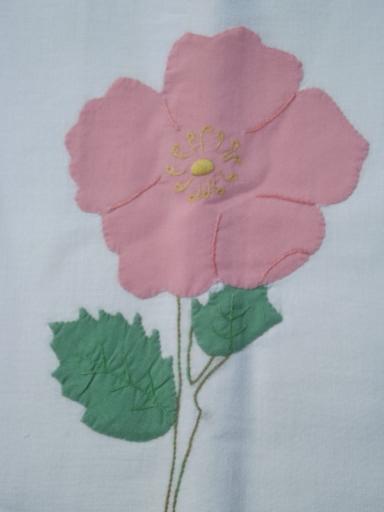 photo of lot vintage cotton flour sack fabric kitchen towels, flower applique #2