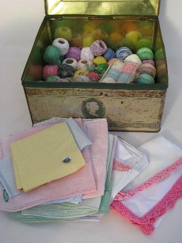 photo of lot vintage cotton / linen hankies for lace edgings w/ fine tatting crochet thread #1