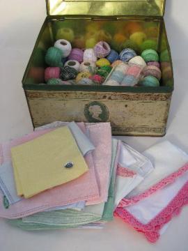 catalog photo of lot vintage cotton / linen hankies for lace edgings w/ fine tatting crochet thread