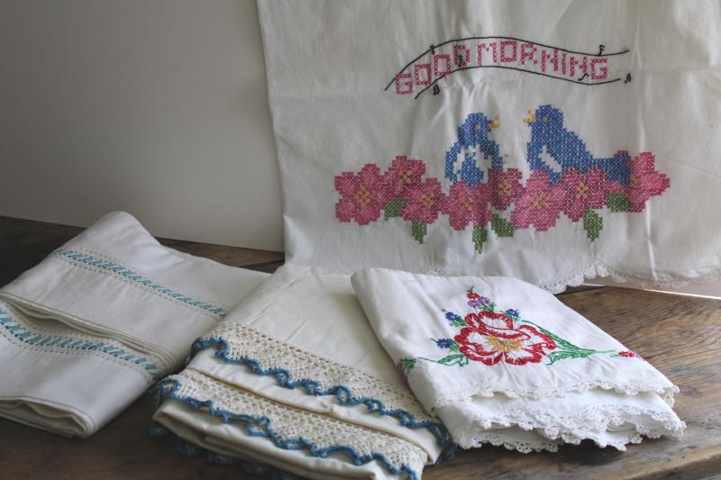 photo of lot vintage cotton pillowcases w/ fancywork embroidery & crochet lace edging #1