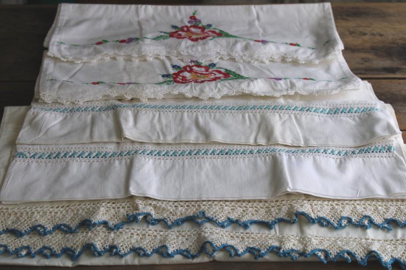 photo of lot vintage cotton pillowcases w/ fancywork embroidery & crochet lace edging #9