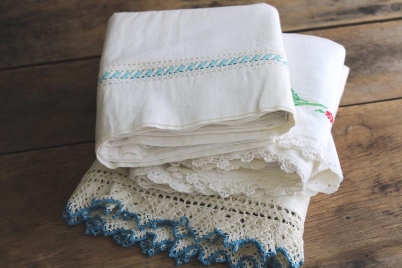 photo of lot vintage cotton pillowcases w/ fancywork embroidery & crochet lace edging #10