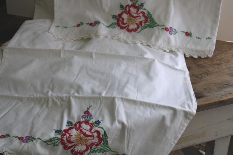 photo of lot vintage cotton pillowcases w/ fancywork embroidery & crochet lace edging #17