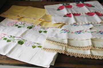 lot vintage cotton pillowcases w/ fancywork embroidery crochet lace edging