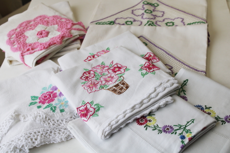 photo of lot vintage cotton pillowcases w/ fancywork embroidery & crochet lace edging #1