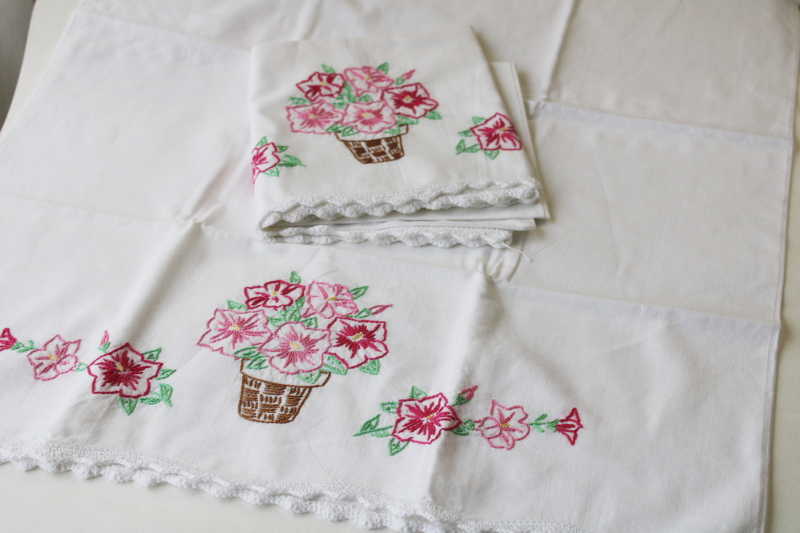 photo of lot vintage cotton pillowcases w/ fancywork embroidery & crochet lace edging #2