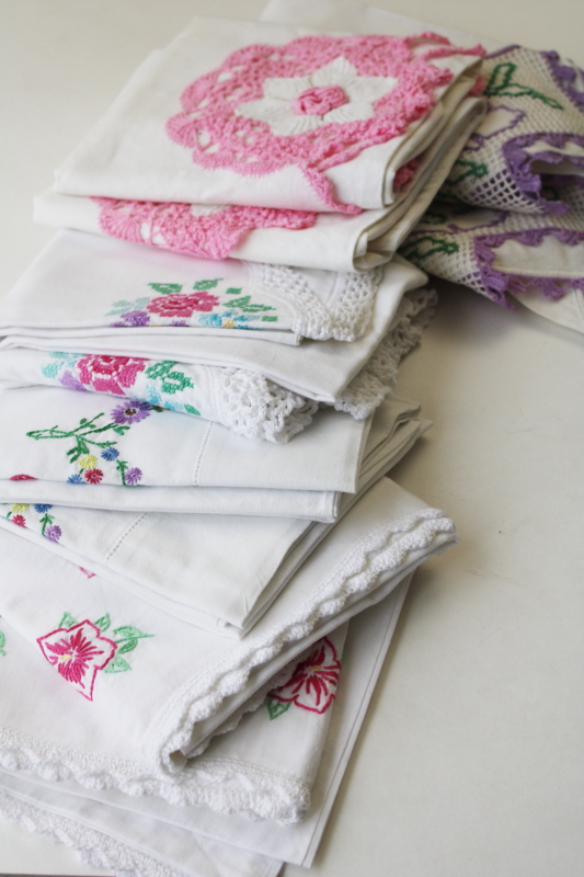 photo of lot vintage cotton pillowcases w/ fancywork embroidery & crochet lace edging #3