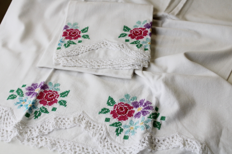 photo of lot vintage cotton pillowcases w/ fancywork embroidery & crochet lace edging #10