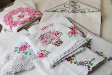 catalog photo of lot vintage cotton pillowcases w/ fancywork embroidery & crochet lace edging