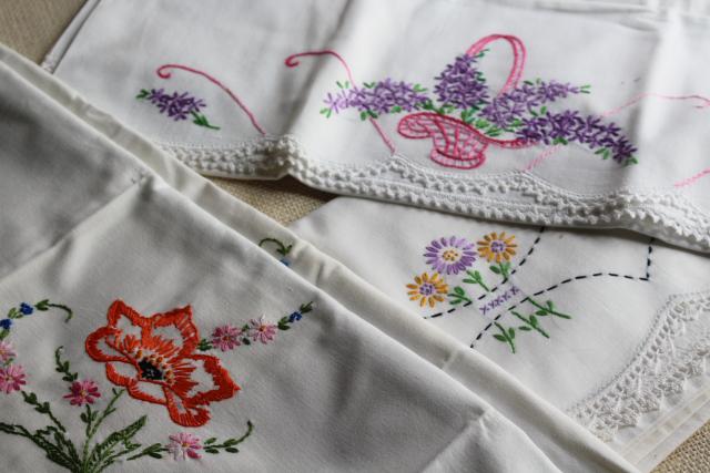 photo of lot vintage cotton pillowcases fancywork embroidery & lace edging, embroidered lilacs etc #9