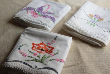 catalog photo of lot vintage cotton pillowcases fancywork embroidery & lace edging, embroidered lilacs etc