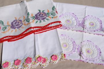 catalog photo of lot vintage cotton pillowcases, fancywork linens w/ crochet lace & embroidery