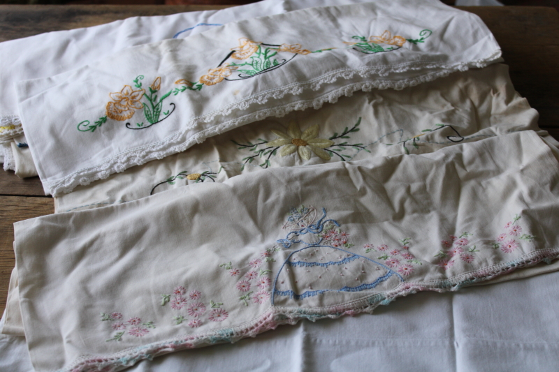 photo of lot vintage cotton pillowcases w/ embroidery or crochet lace edgings, shabby cottage chic linens  #4