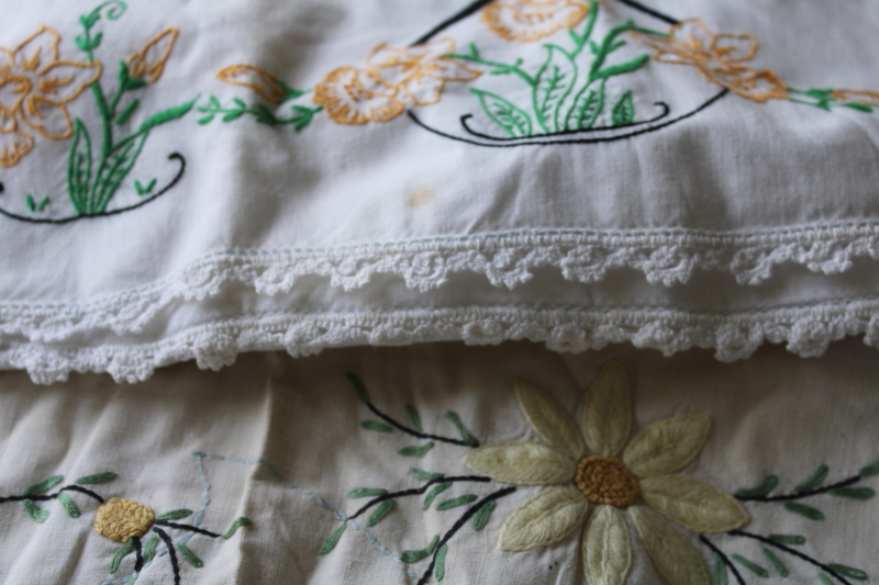 photo of lot vintage cotton pillowcases w/ embroidery or crochet lace edgings, shabby cottage chic linens  #5