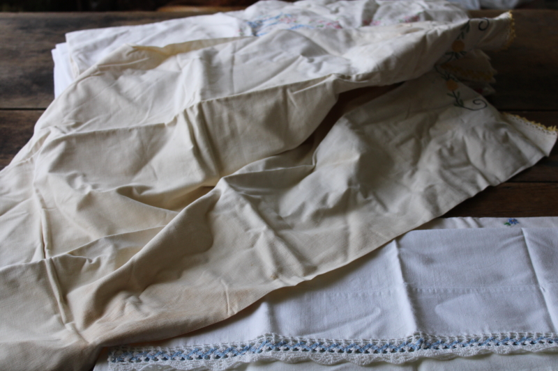 photo of lot vintage cotton pillowcases w/ embroidery or crochet lace edgings, shabby cottage chic linens  #7