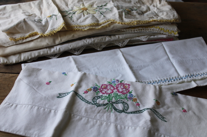 photo of lot vintage cotton pillowcases w/ embroidery or crochet lace edgings, shabby cottage chic linens  #8