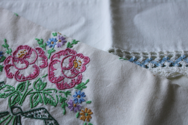 photo of lot vintage cotton pillowcases w/ embroidery or crochet lace edgings, shabby cottage chic linens  #9