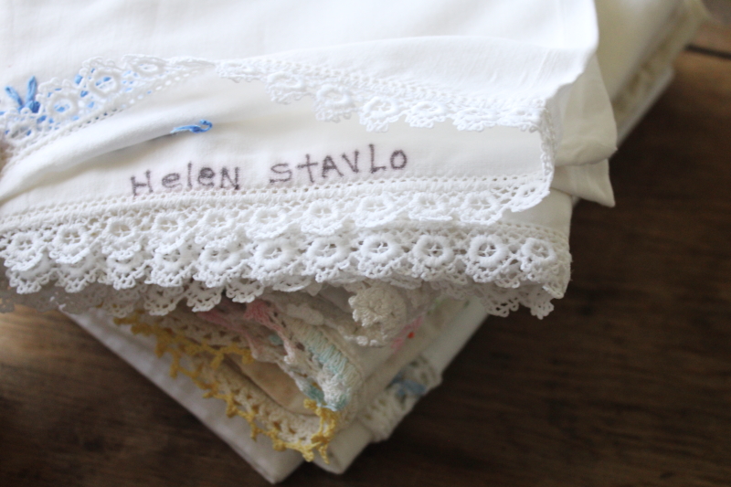 photo of lot vintage cotton pillowcases w/ embroidery or crochet lace edgings, shabby cottage chic linens  #10
