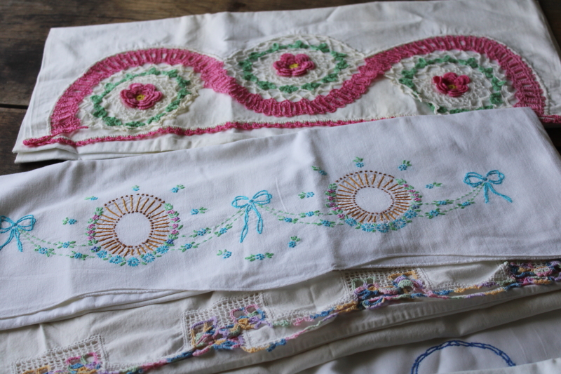 photo of lot vintage cotton pillowcases w/ embroidery or crochet lace edgings, shabby cottage chic linens  #12