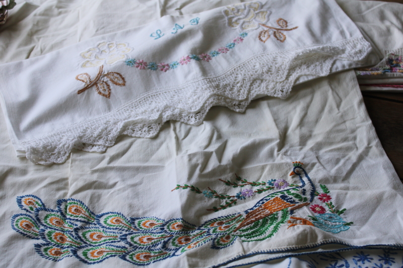 photo of lot vintage cotton pillowcases w/ embroidery or crochet lace edgings, shabby cottage chic linens  #15
