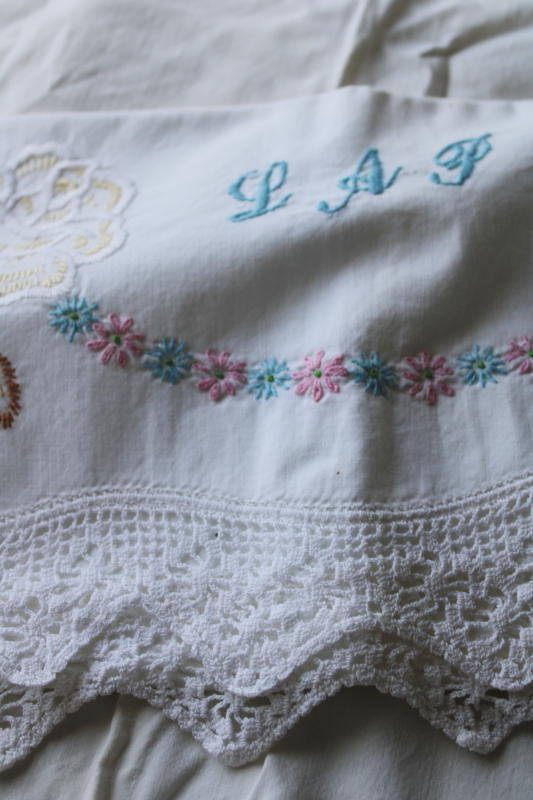 photo of lot vintage cotton pillowcases w/ embroidery or crochet lace edgings, shabby cottage chic linens  #16
